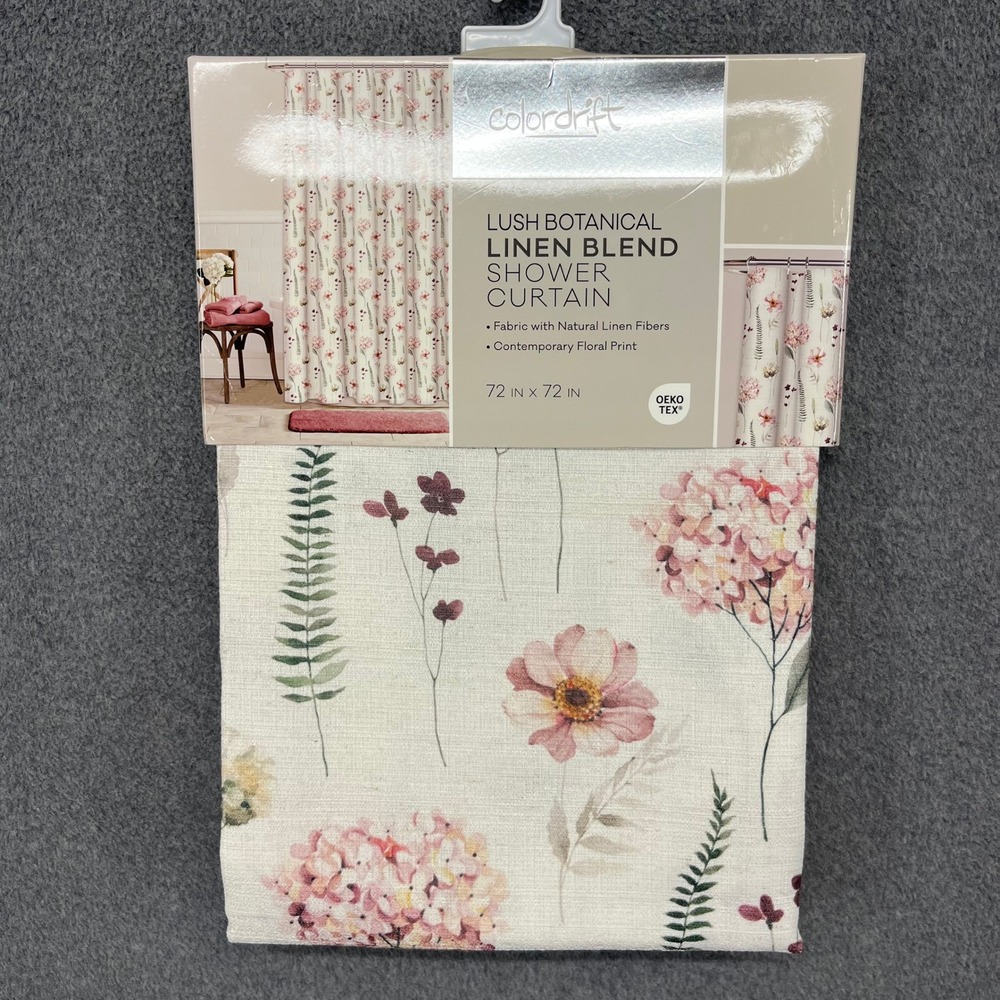 Colordrift Shower Curtain 72x72 Pink Floral Linen Blend Lush Botanical NEW